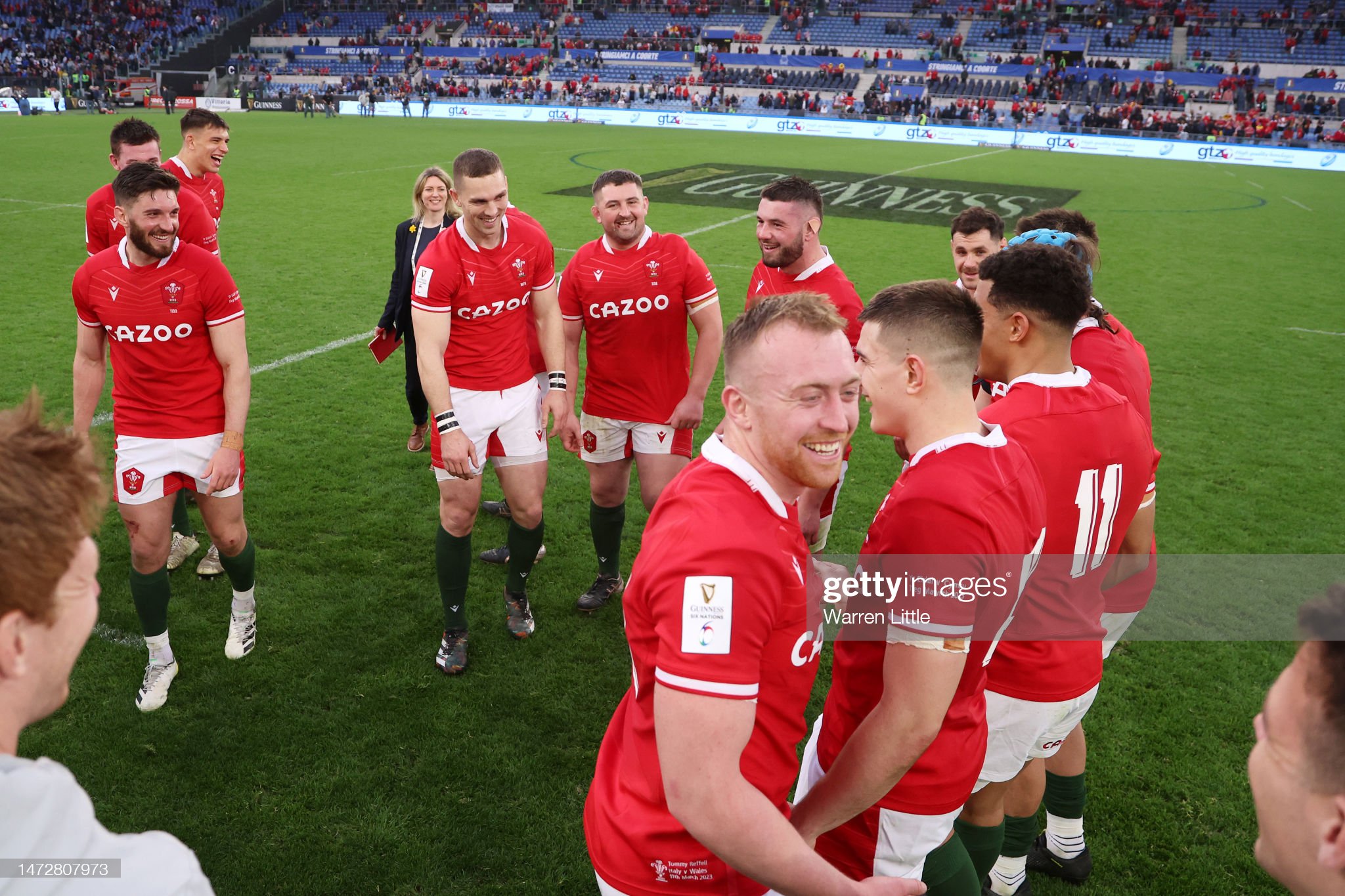 A general view as players of Wales celebrate after their side's victory during the Six Nations Rugby match between Italy and Wales